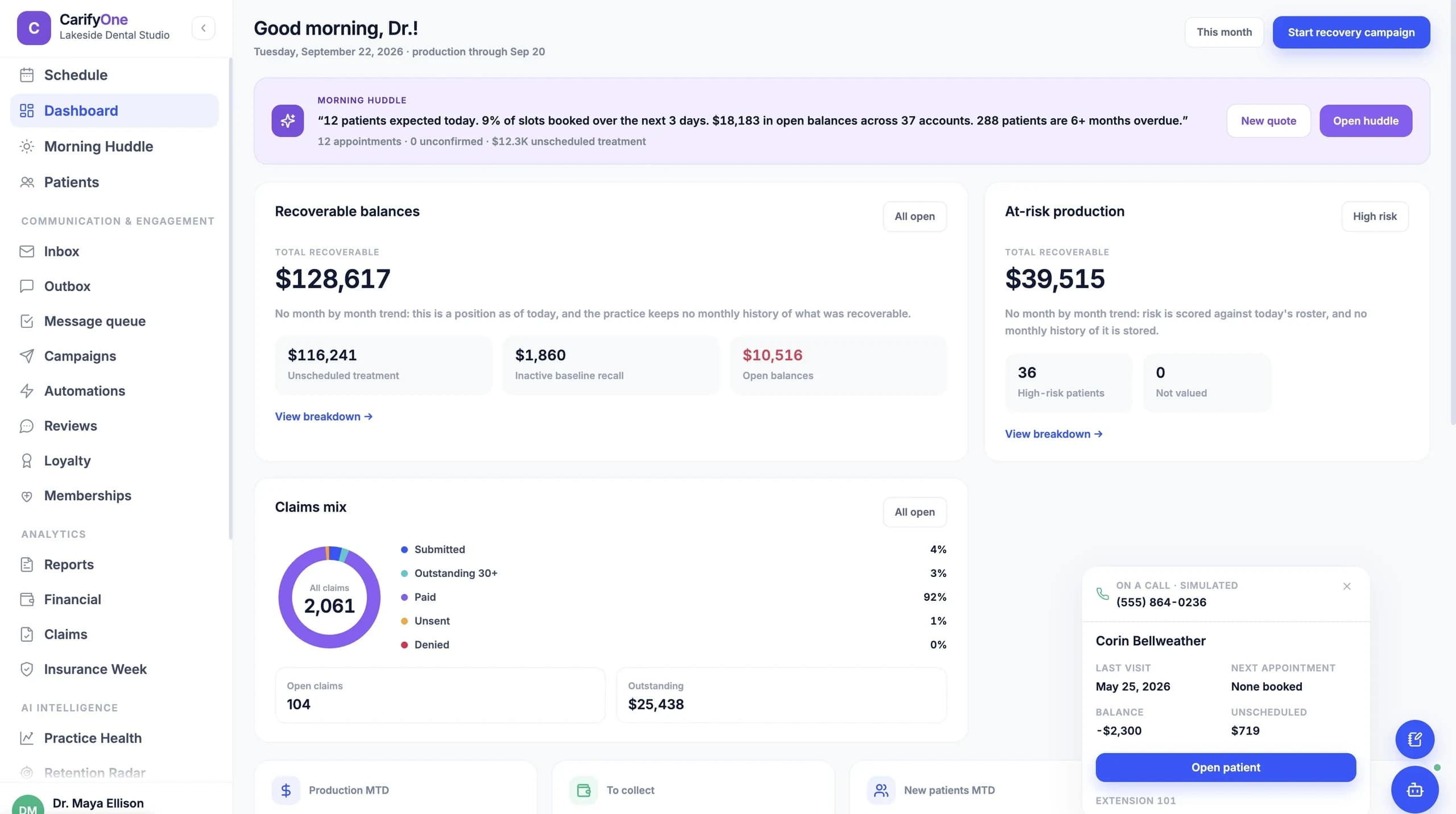 CarifyOne dashboard: morning huddle, recoverable balances, at-risk production and claims mix